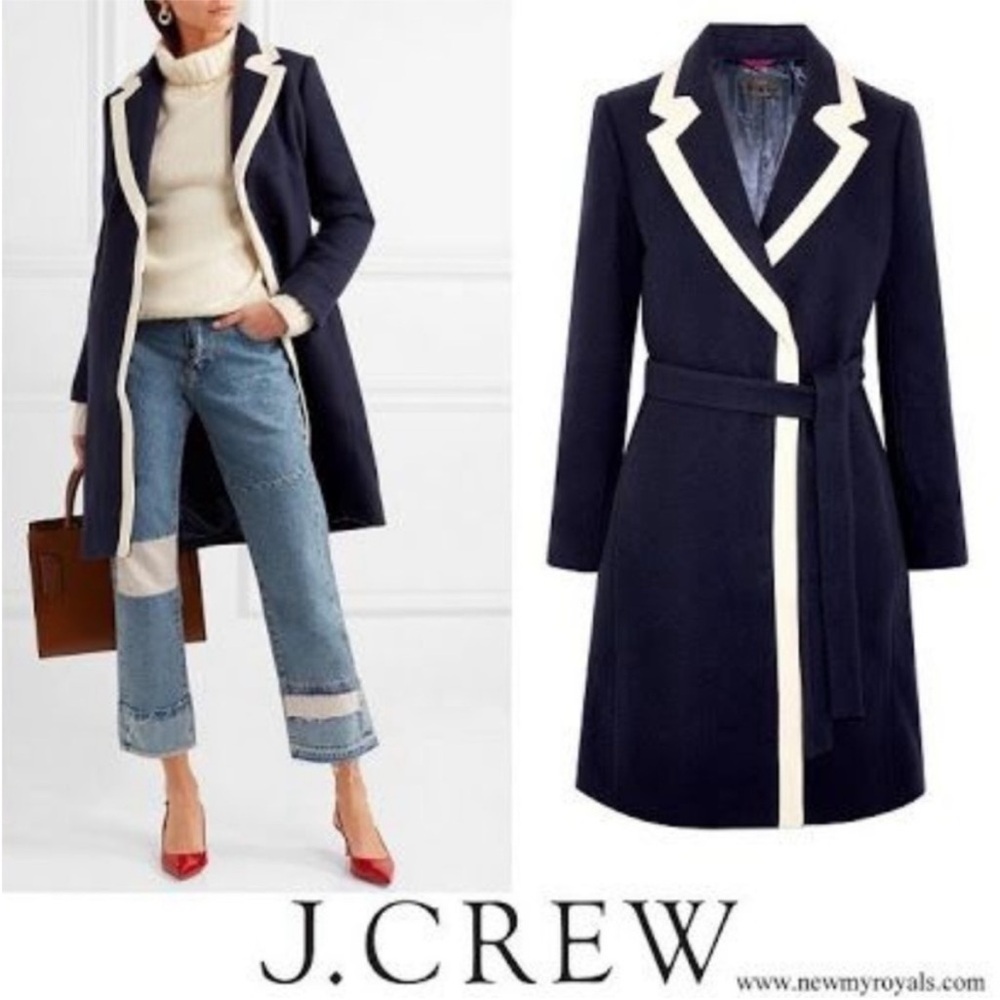 Meghan Markle style Jcrew navy coat with piping
